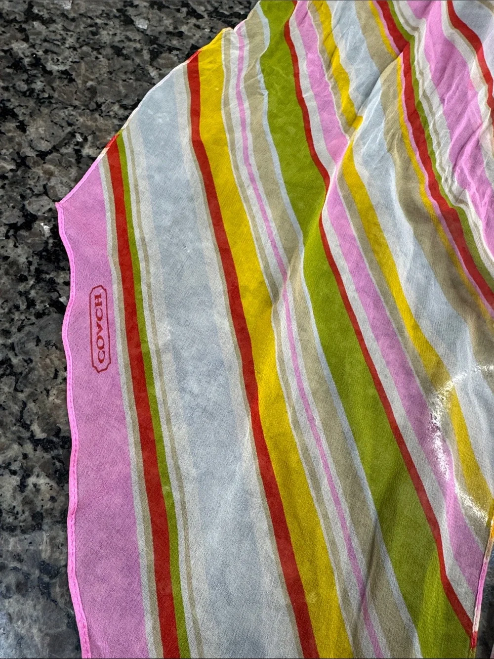 Coach Pink & Green Striped Silk Scarf EUC